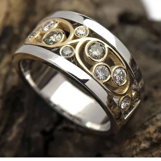 Vintage Ring i Guld og Sølv med Zirkon i Form af Vedbend