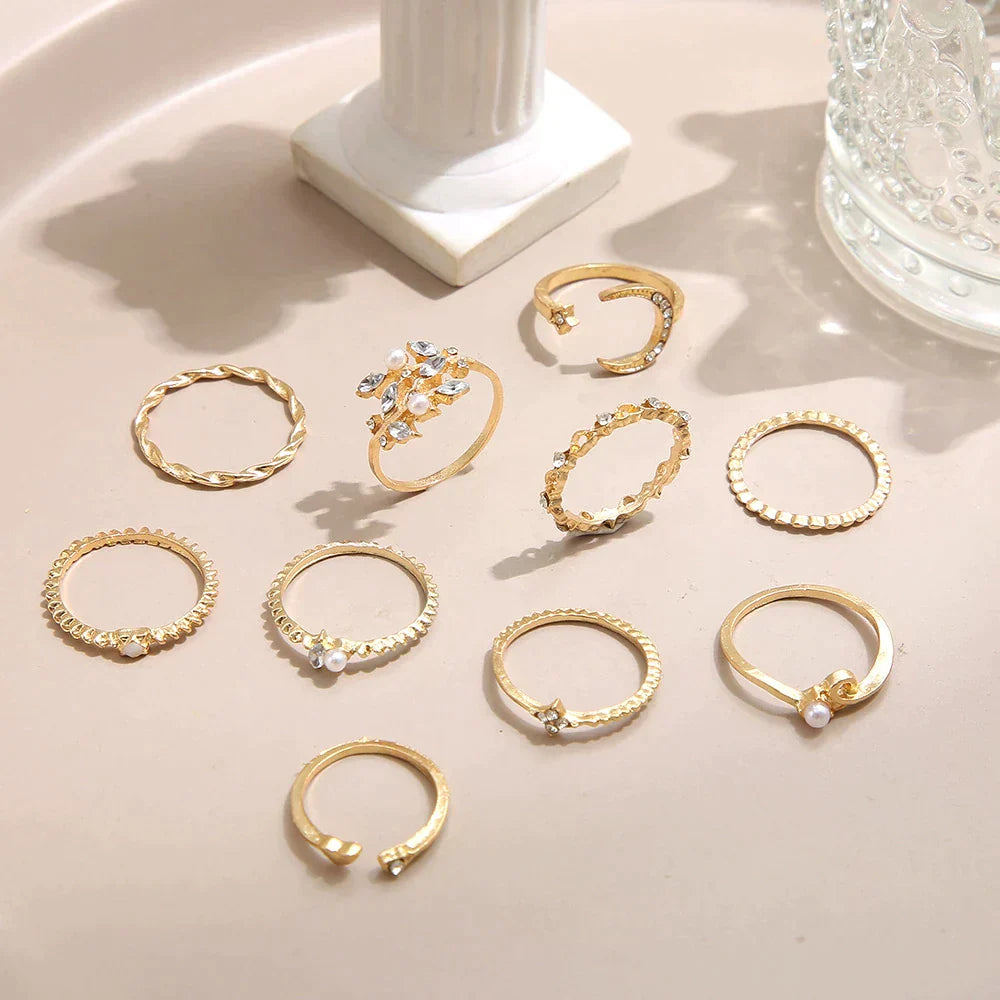 Sæt med 10 Boho Ringene Dækket med Sølv og Guld