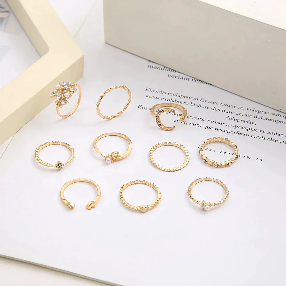 Sæt med 10 Boho Ringene Dækket med Sølv og Guld
