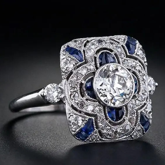 Vintage Ring i Sølvfarve med Blå Zirkon