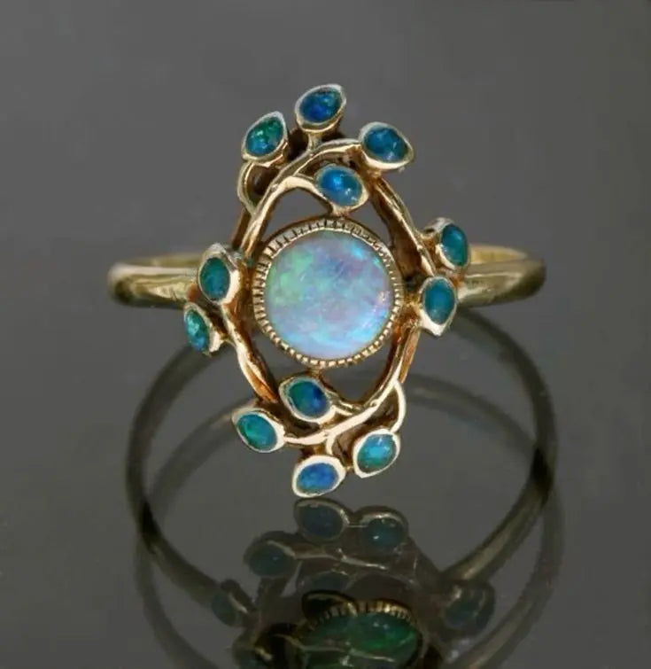 Vintage Niebieski Ring med Krystaller og Opal