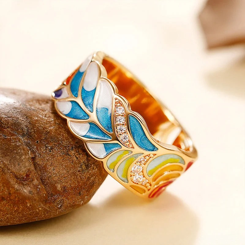Gul vintage ring med farverigt emaljeret blad