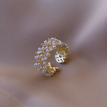 Justerbar Vintage Ring med Perler og Gyldne Krystaller